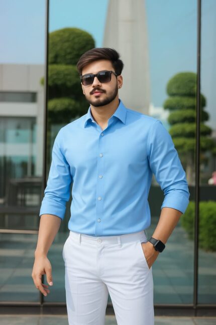 Sky Blue Color — Spandex Glossy Fabrics Shirt