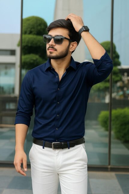 Navy Color — Spandex Glossy Fabrics Shirt