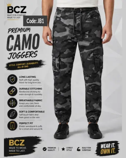Black Camo Cargo Joggers for Men