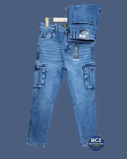 Light Blue Cotton Jeans Cargo Pant for Men – Casual Denim Cargo Pants